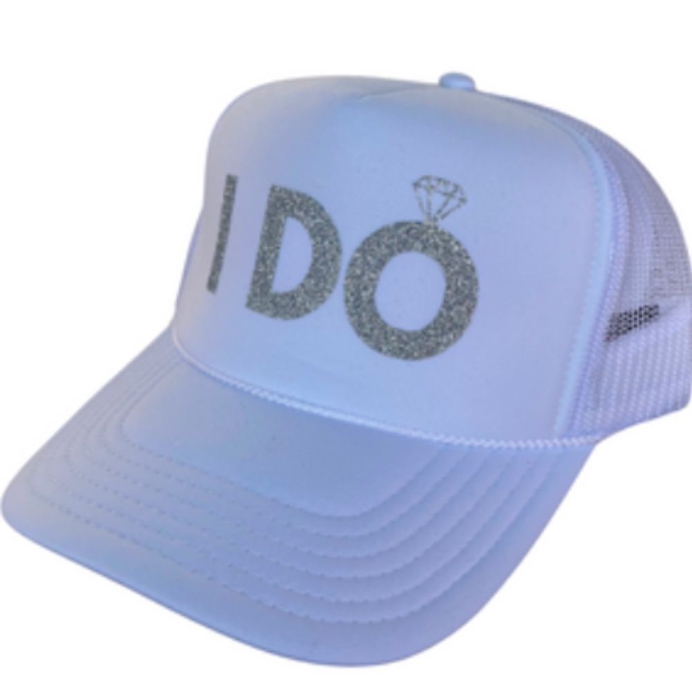 I DO White Trucker Hat - Silver Glitter Writing & Ring - NEW - Tags - Snap Back